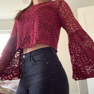 Maroon cropped long sleeve lace bell sleeve